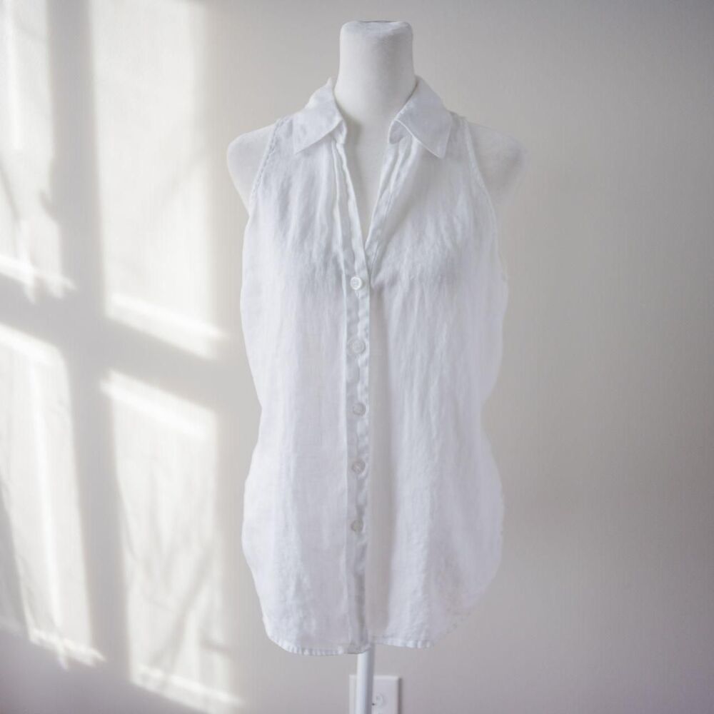 Classic White Linen Sleeveless Summer Beach Cottage Button Collared Womens Shirt - Picture 3 of 8